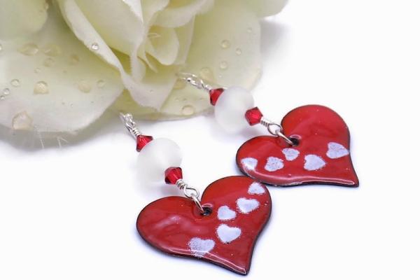 Red Enamel Hearts with White Heart Accent Earrings, Valentines Gift