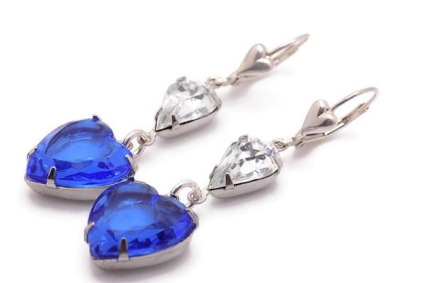 Sapphire Blue Crystal Heart Pendant Earrings, September Birthstone Jewelry Gift