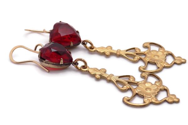 Art Deco Ruby Red Brass Earrings, Handmade Heart Jewelry