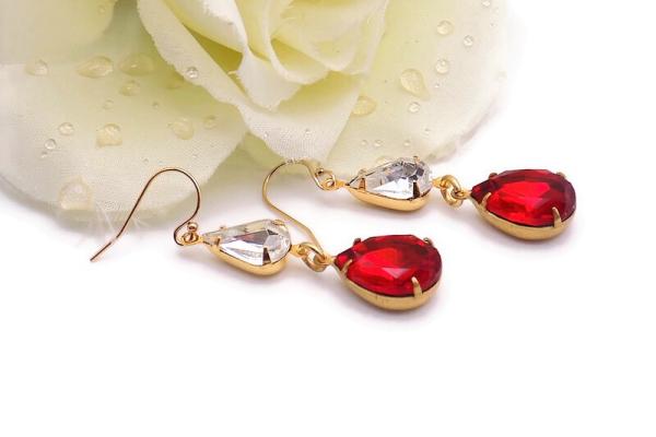 Elegant Ruby Teardrop Earrings, Red Gold Crystal Handmade Jewelry
