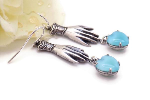 Victorian- Style Hand Earrings with Vintage Aqua Hearts