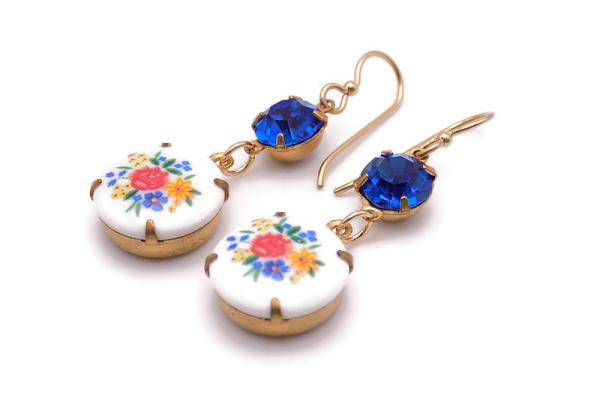Vintage Floral Earrings with Sapphire Blue Rhinestones, Spring Summer Jewelry