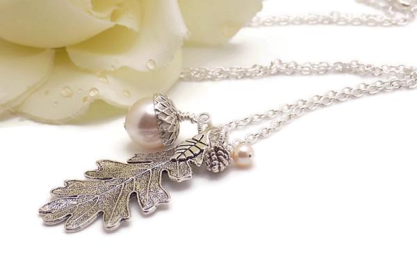 Acorn Leaf Necklace with Swarovski Cream Rose Pearl Autumn Nature-Inspired Handmade Jewelry