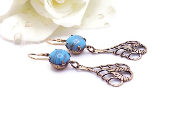  Turquoise Vintage Stone Earrings, Art Nouveau Brass Filigree Teardrops Handmade Jewelry