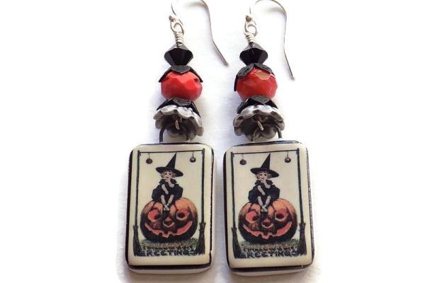 Halloween Witch Earrings, Jack O Lantern Czech Swarovski Handmade Jewelry