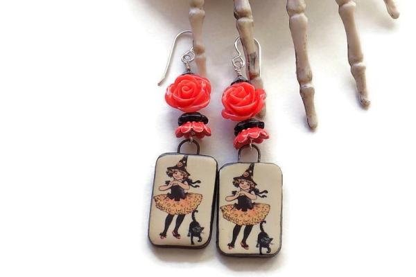 Adorable Halloween Witch Earrings, Black Cat Rose Ceramic Handmade Jewelry