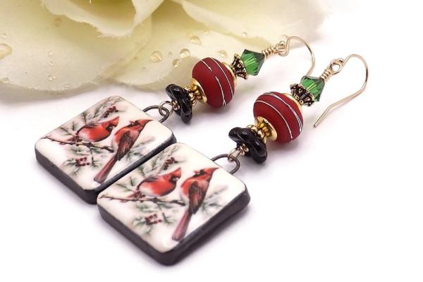 Christmas Birds Earrings, Red Cardinals Bird Lover Lampwork Glass Handmade Holiday Jewelry