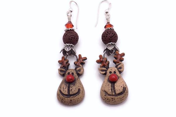 Christmas Reindeer Earrings, Rudolph Ceramic Swarovski Crystals Handmade Jewelry