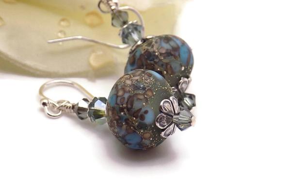 Ocean Blue Lampwork Earrings, Swarovski Crystals Handmade Jewelry Gift 