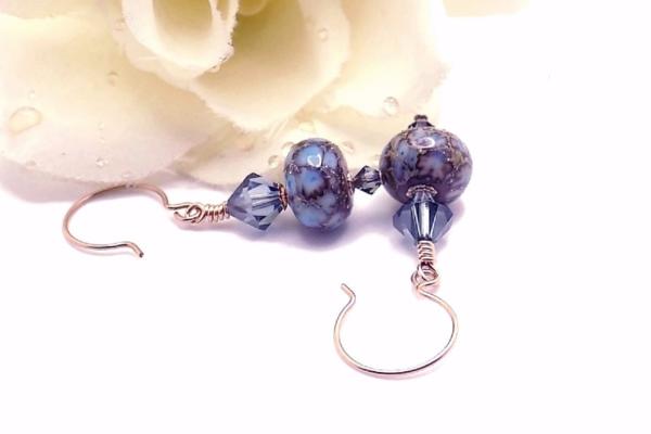 Blue Lampwork Earrings, Gold-Filled Swarovski Crystals Handmade Jewelry
