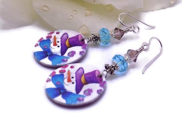 Purple Snowman Earrings, Lightweight Swarovski Crystals Handmade Christmas Jewelry 
