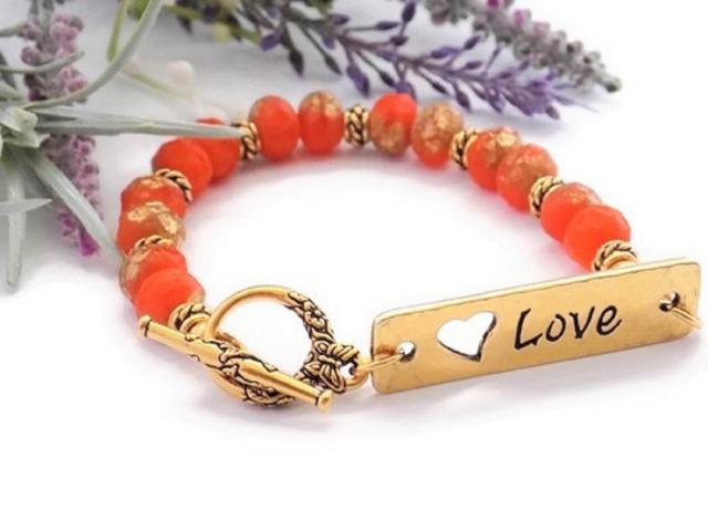Tangerine Orange Crystal Bracelet with Gold Love Link