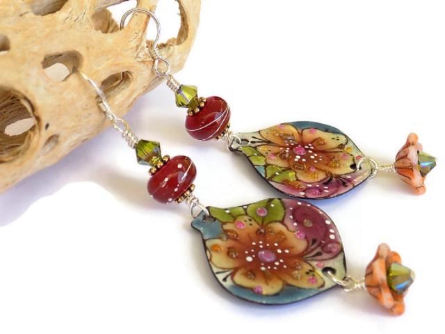 Artisan Floral Enamel Earrings, Raspberry Lampwork Jewelry 