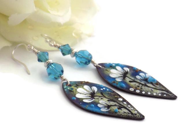 Artisan White Floral Blue Enamel Earrings with Swarovski Indicolite Crystals Handmade Jewelry 