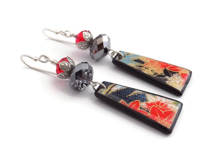 Red Black Floral Earrings, Handmade Polymer Clay Jewelry