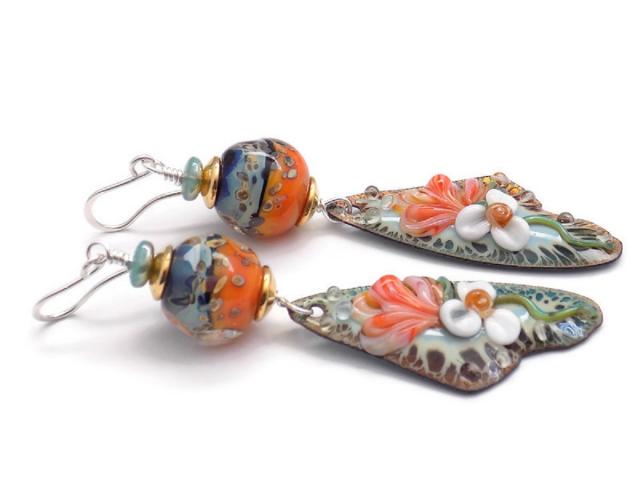 Orange Green Flower Enamel Earrings, Handmade Lampwork Jewelry