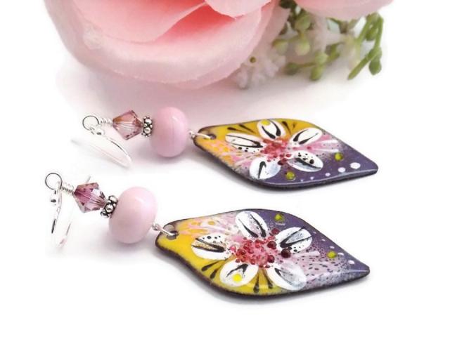 White Flower Enamel Earrings, Pink Purple Yellow Bohemian Jewelry