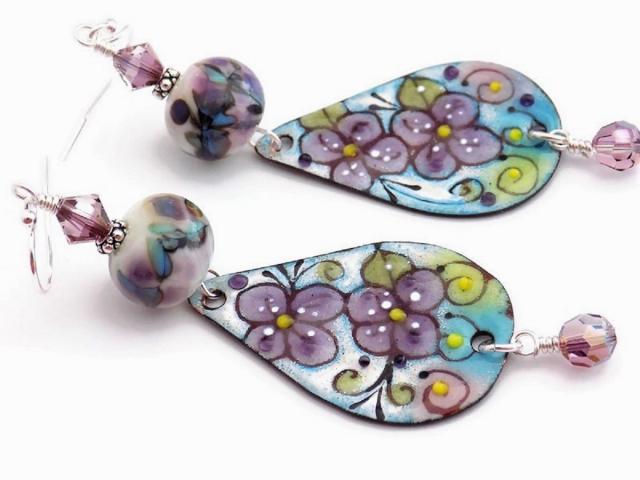 Violet Purple and Blue Flower Enamel Earrings, Handmade Artisan Jewelry