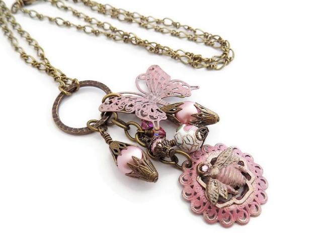 Bronze Butterfly and Bee Charm Necklace, Handmade Victorian Style Patina Jewelry