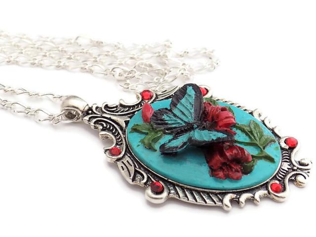 Hand Painted Turquoise Butterfly Cameo Necklace,  Handmade Jewelry