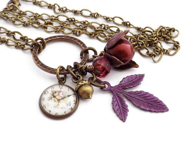 Nature-Inspired Purple Leaf Necklace with a Pearl and Clock Charm, Handmade Jewelry