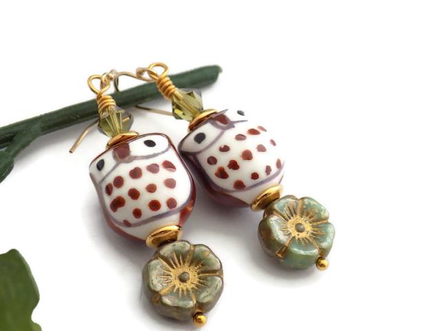 Brown Porcelain Owl Earrings, Handmade Whimsical Jewelry for Woman