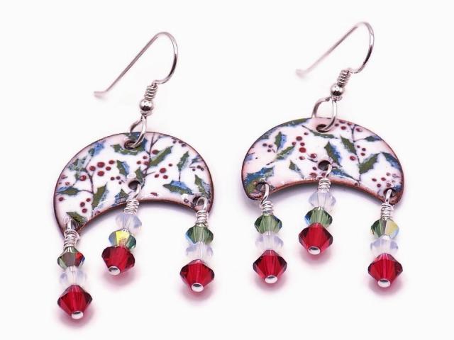 Holly Berry Earrings, Dangle Chandelier Swarovski Crystals Handmade Christmas