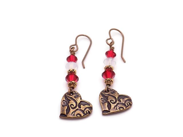 Red White Tierra-Cast Heart Earrings, Bohemian Valentine's Jewelry