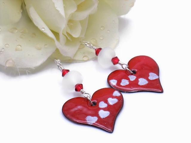 Red Enamel Hearts with White Heart Accent Earrings, Valentine's Gift
