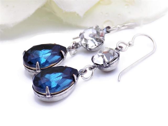 Montana Blue Teardrop Earrings,  Dark Blue Crystal Vintage  Handmade Jewelry
