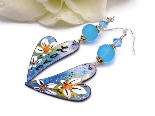 Blue Heart Earrings, Enamel Flowers Love Crystals Handmade Valentines Gift