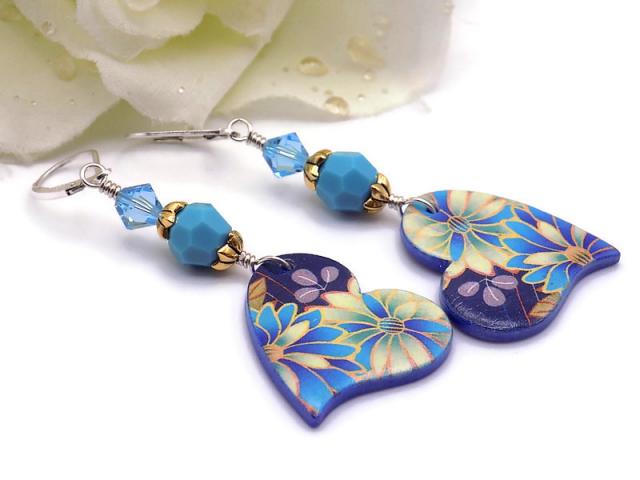 Blue Heart Earrings, Flowers Crystals Lightweight Handmade Jewelry