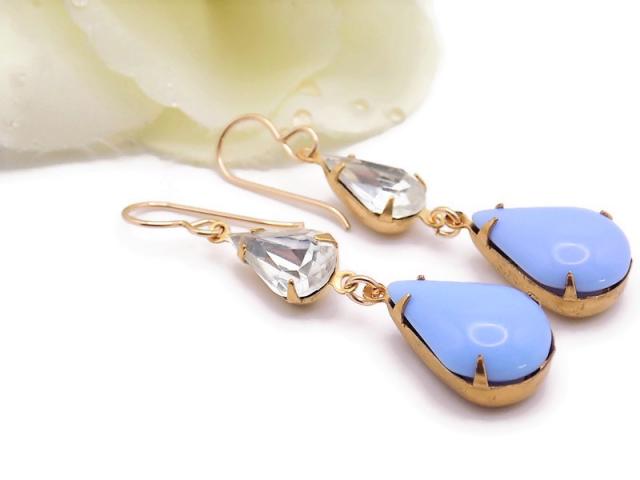 Light Blue Earrings, Vintage Blue Crystal Teardrops