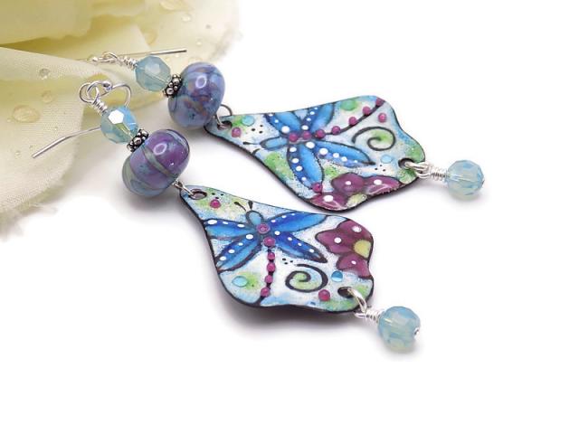 Dragonfly Earrings, Blue Purple Green Enamel Handmade Jewelry