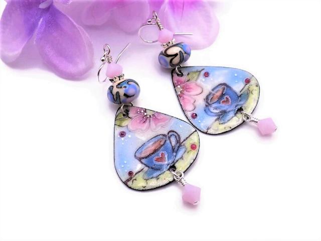 Teacup Enamel Earrings, Pink Blue Lampwork Handmade  Mothers Day Gift