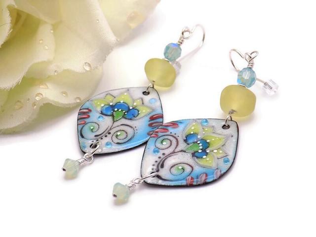 Artisan Lime Green Flower Earrings, Blue Green Enamel Handmade Jewelry