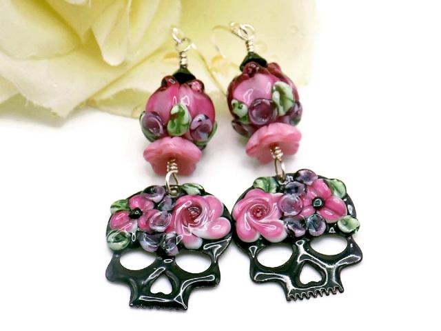Halloween Sugar Skull Earrings Pink Black Floral Lampwork  Handmade Jewelry Gift