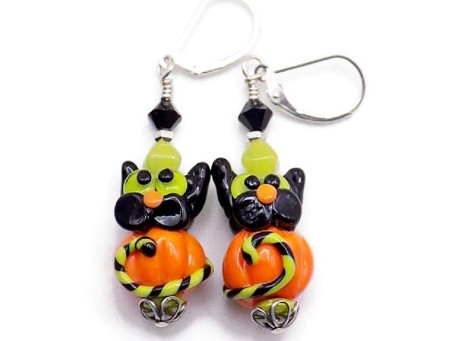 Black Cat Pumpkin Earrings Halloween Lampwork Jewelry