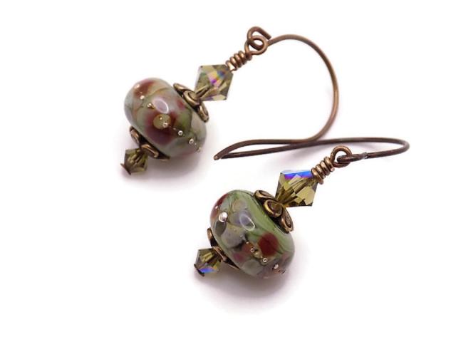 Khaki Lampwork Earrings, Lightweight Swarovski Crystals Handmade Jewelry